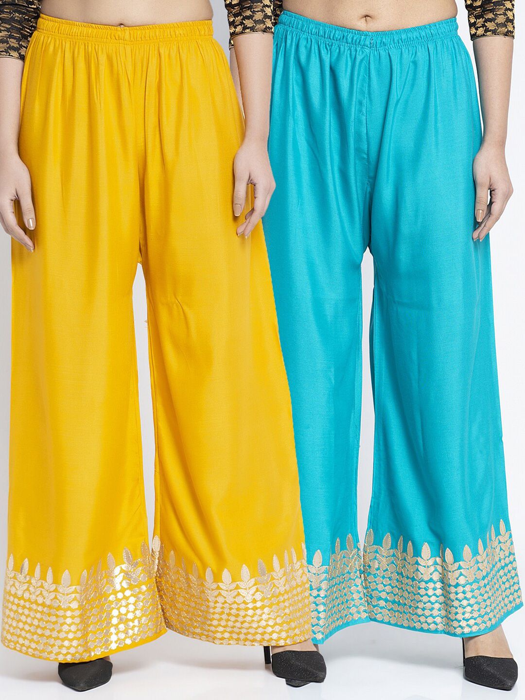 GRACIT Women Yellow & Blue 2 Hem Design Knitted Ethnic Palazzos Price in India