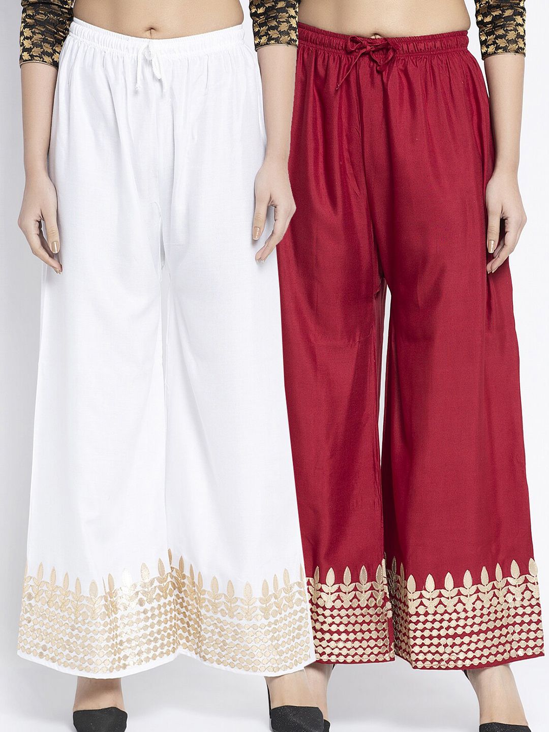 GRACIT Women White & Brown 2 Ethnic Motifs Flared Knitted Ethnic Palazzos Price in India