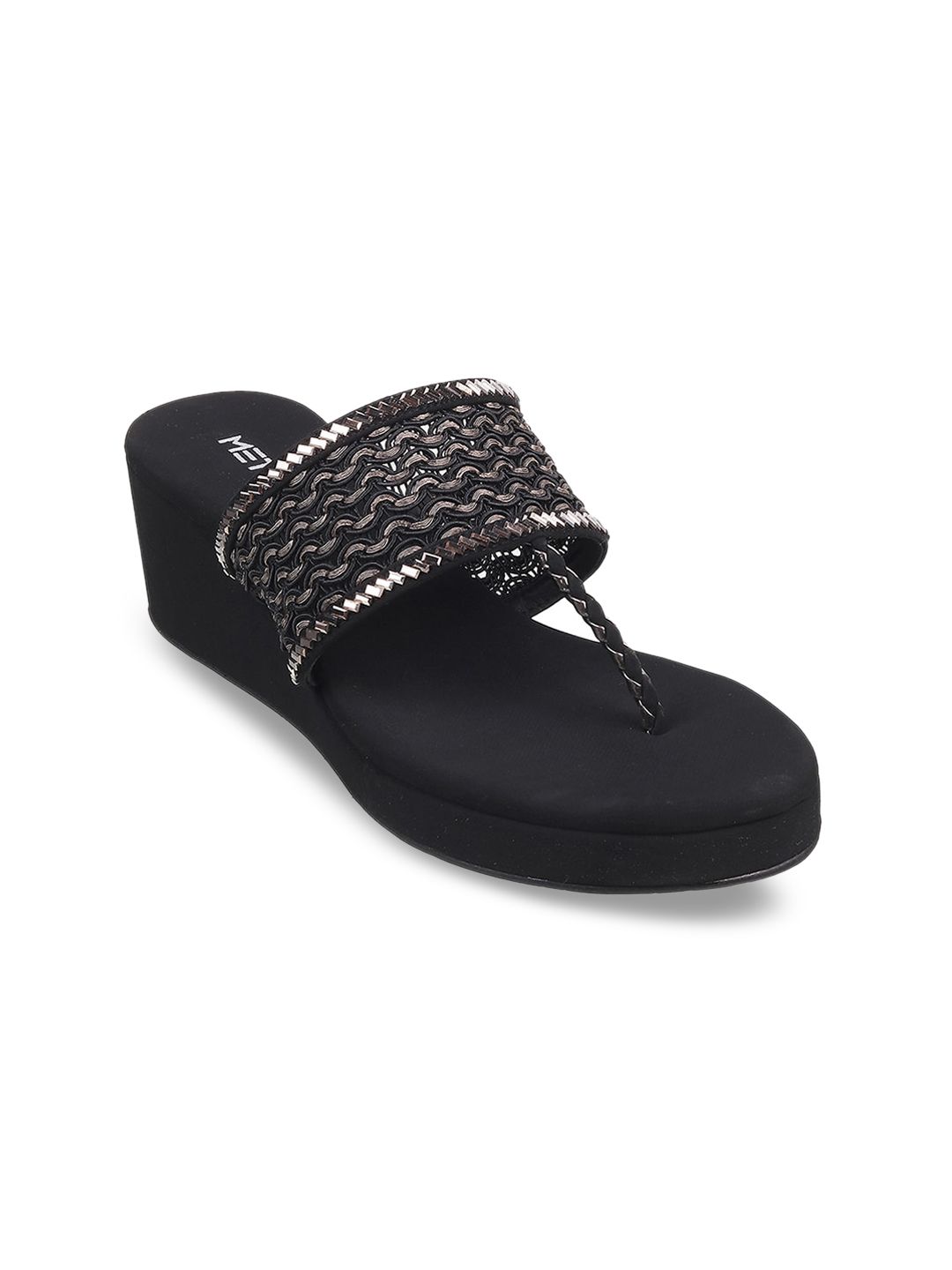 Metro Black Woven Design Embellished Wedge Sandals