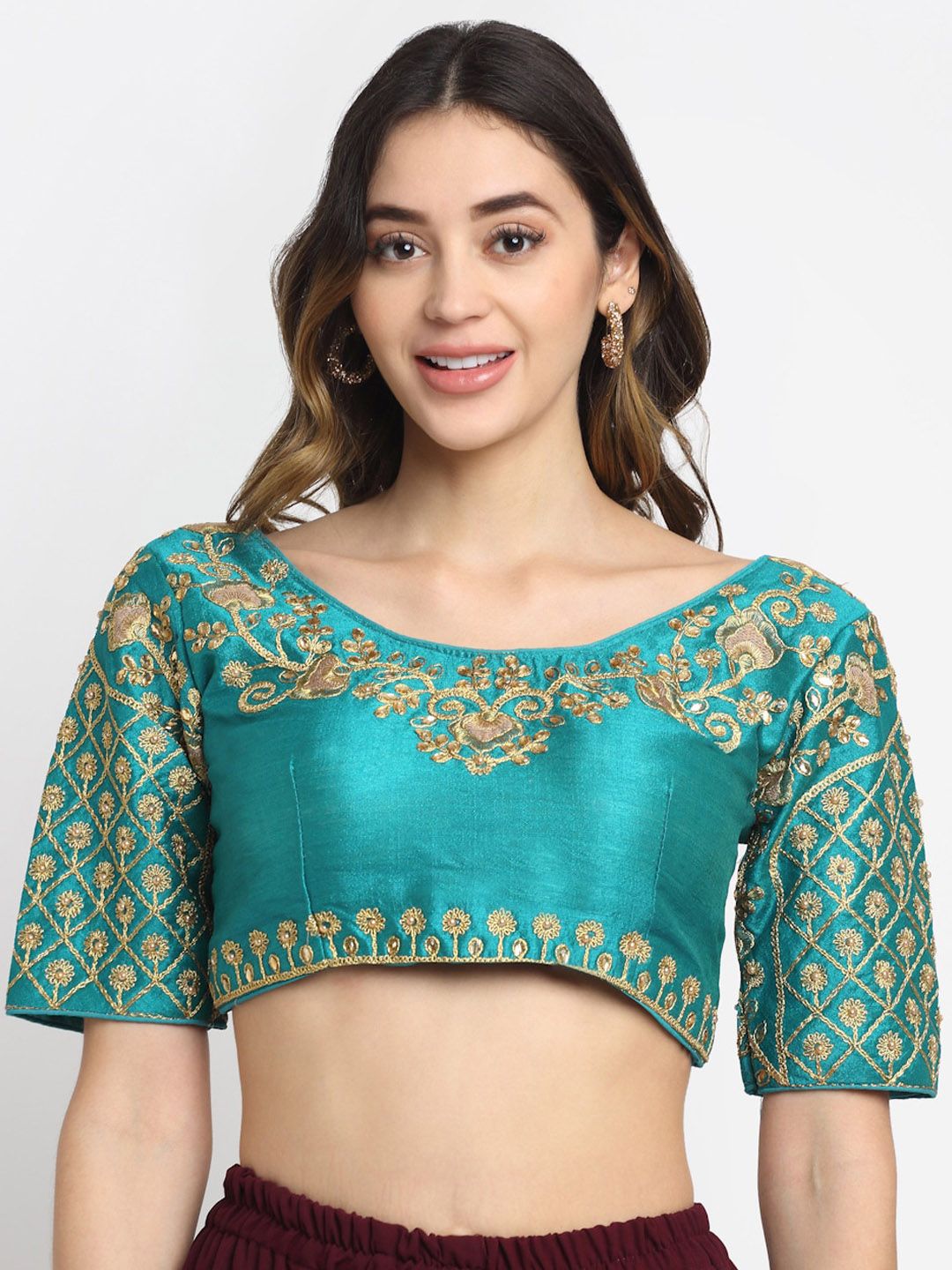 Grancy Women Turquoise Blue & Gold-Coloured Embroidered Saree Blouse Price in India