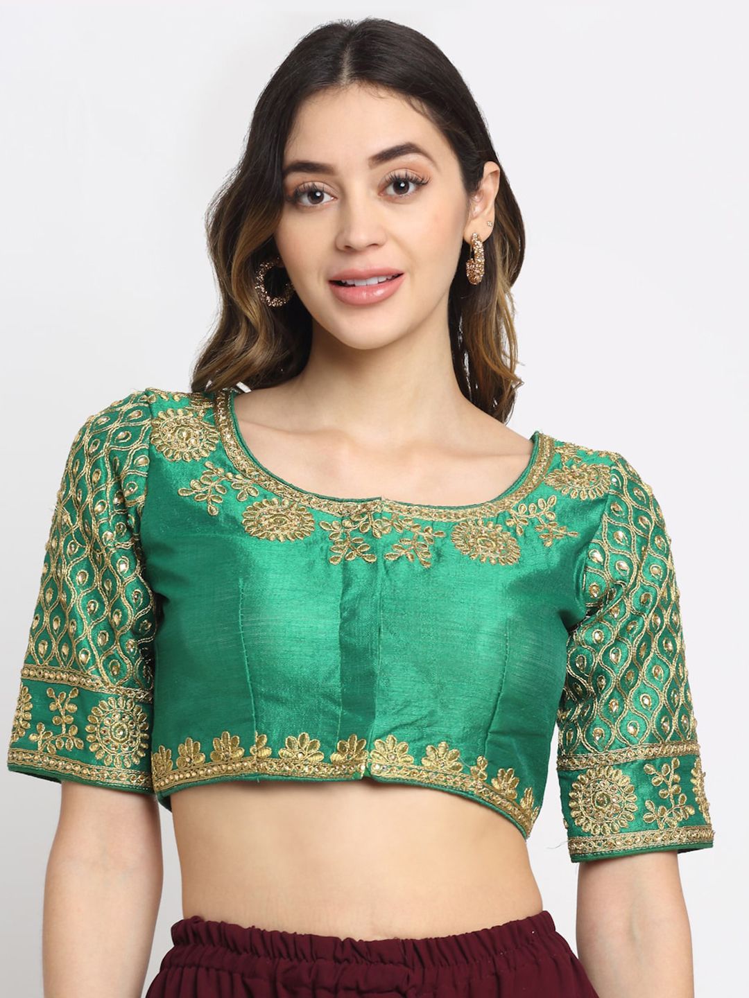 Grancy Women Sea Green & Gold-Coloured Embroidered Silk Saree Blouse Price in India