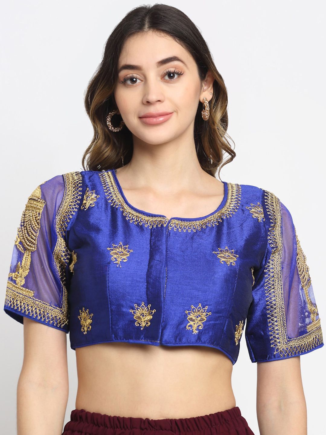 Grancy Women Blue & Gold-Coloured Embroidered Silk Saree Blouse Price in India