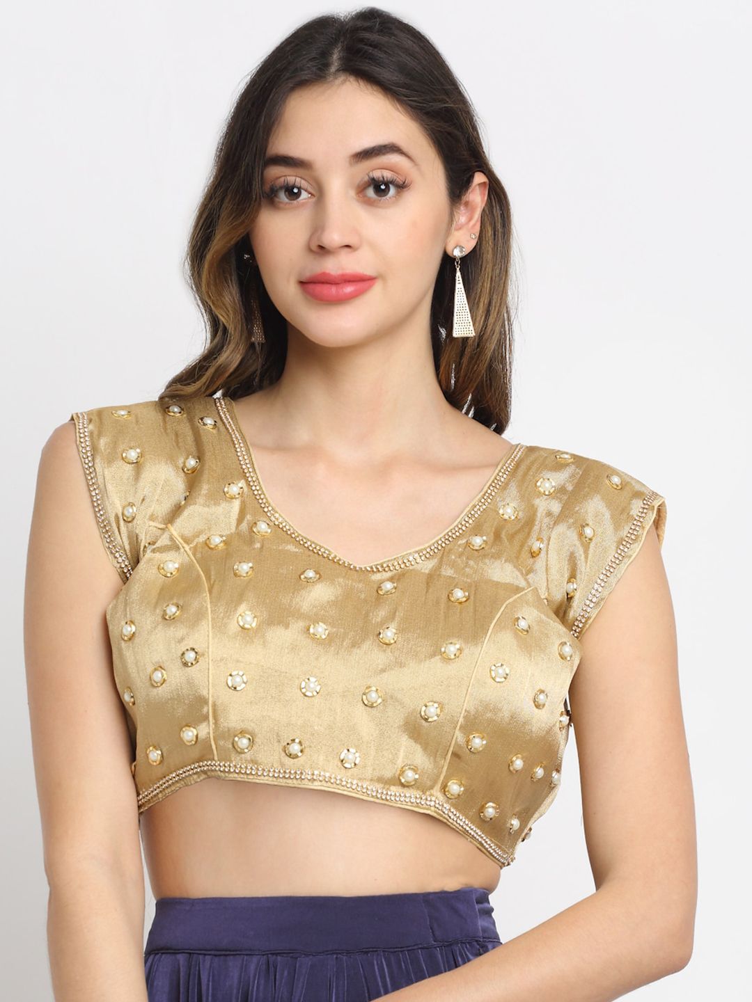 Grancy Gold-Coloured Embellished Silk Saree Blouse Price in India