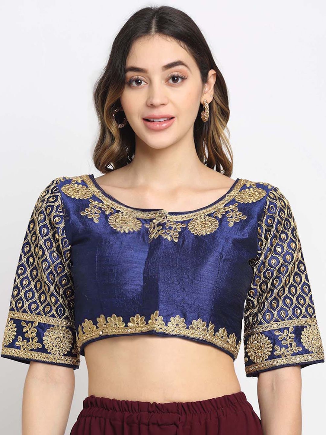 Grancy Blue & Gold-Coloured Embroidered Silk Saree Blouse Price in India