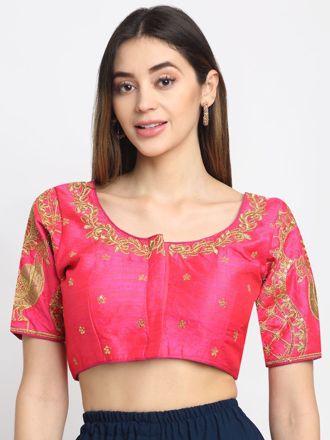 Grancy Women Fuchsia Pink & Gold-Coloured Printed Saree Blouse Price in India