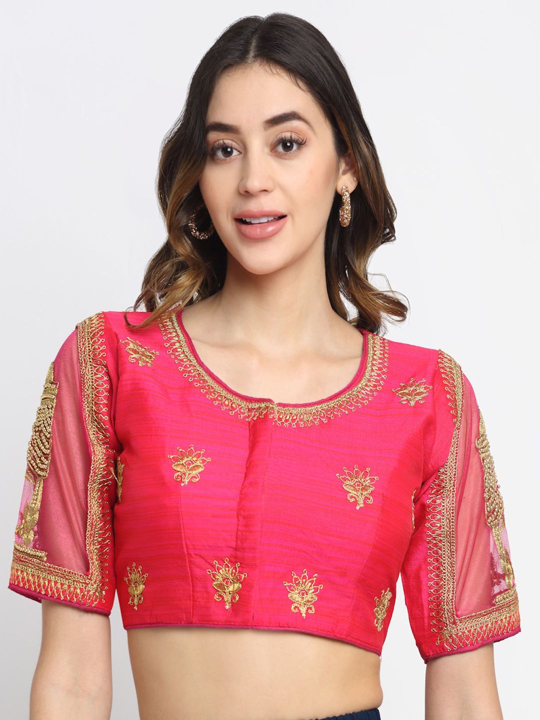 Grancy Woman Fuchsia Pink & Gold-Coloured Embroidered Silk Saree Blouse Price in India