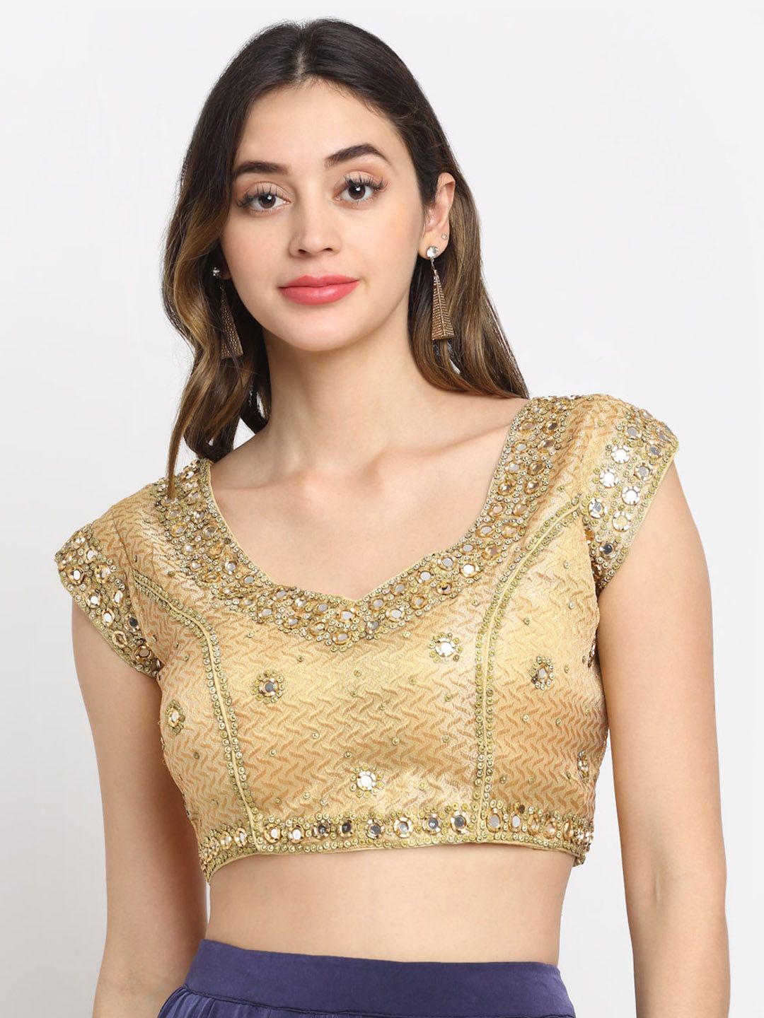 Grancy Women Gold-coloured Embroidered Silk Saree Blouse Price in India