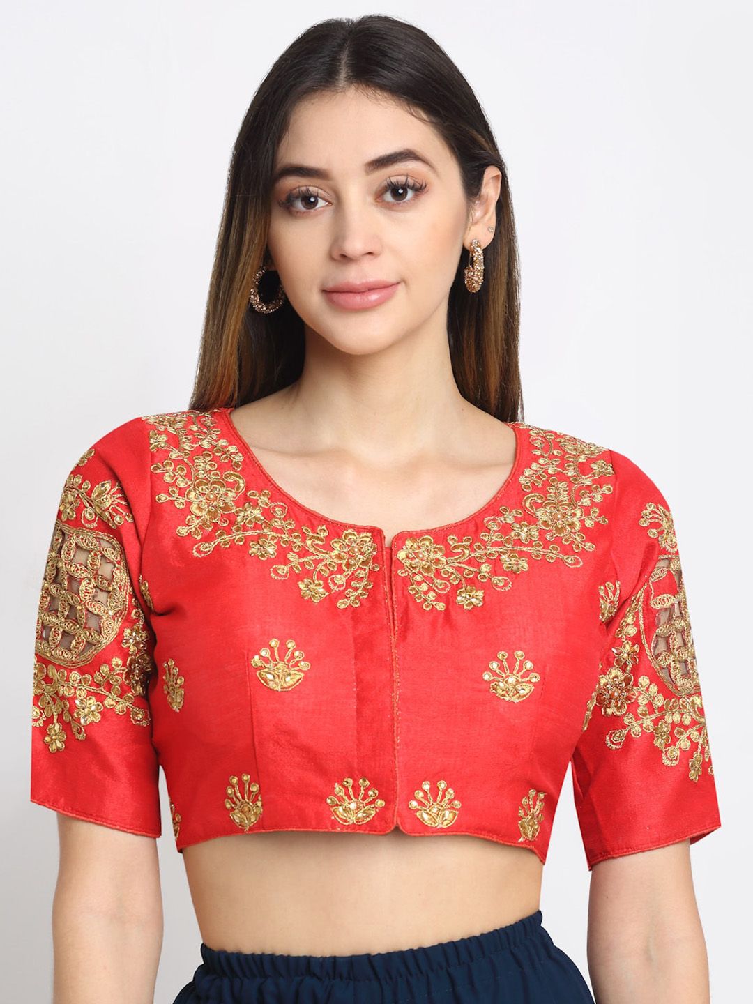 Grancy Women Maroon & Gold-Coloured Embroidered Silk Saree Blouse Price in India
