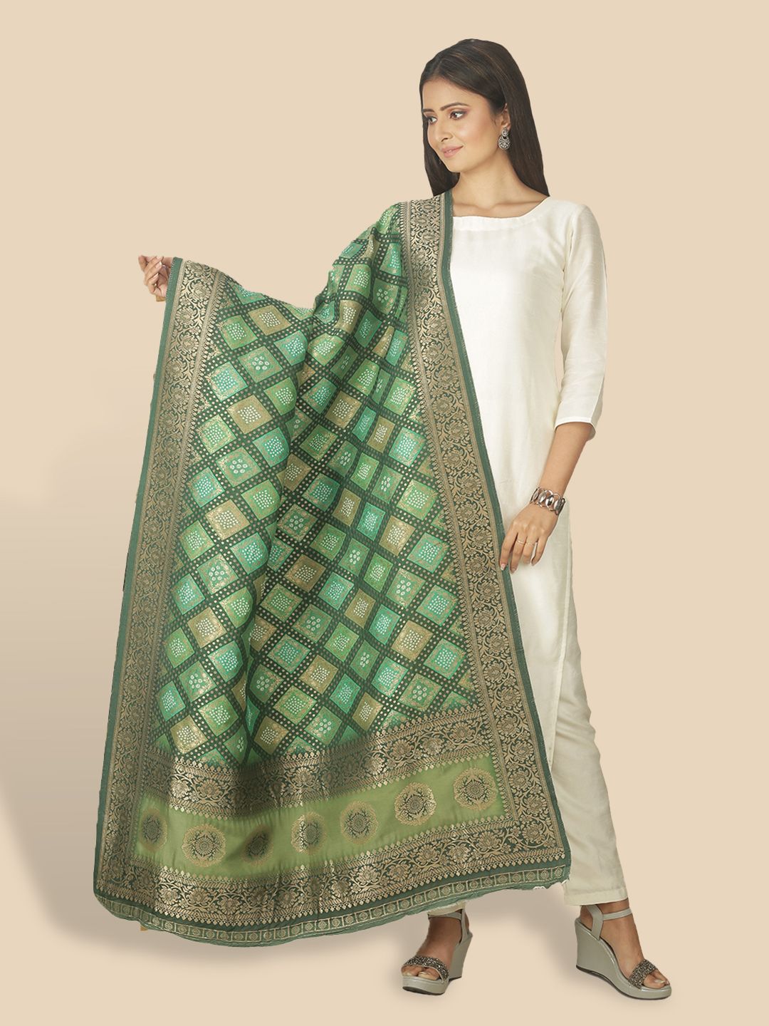 Sanwara Woman Green & Gold-Toned Woven Design Pure Silk Dupatta with Zari Price in India
