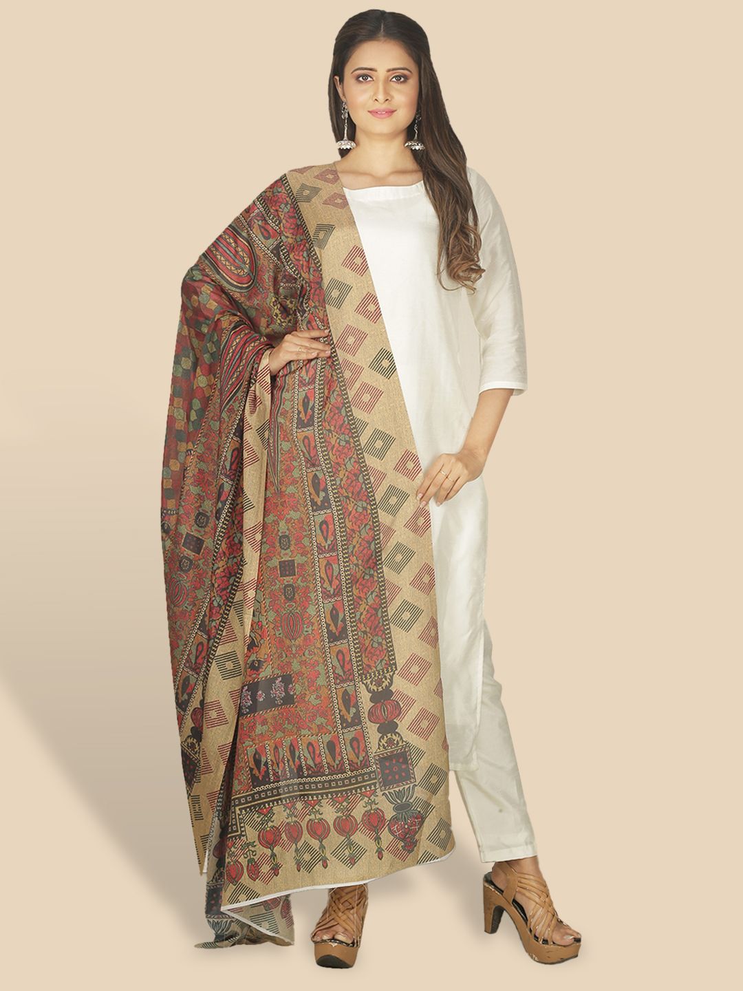 Sanwara Women Beige & Red Printed Dupatta Price in India