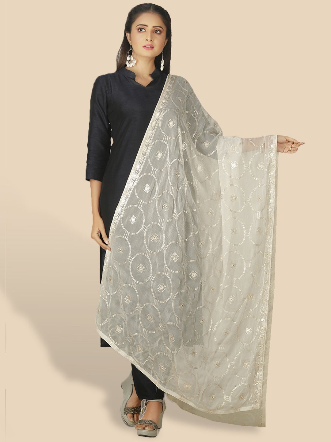 Sanwara White Woven Design Dupatta with Mirror Work