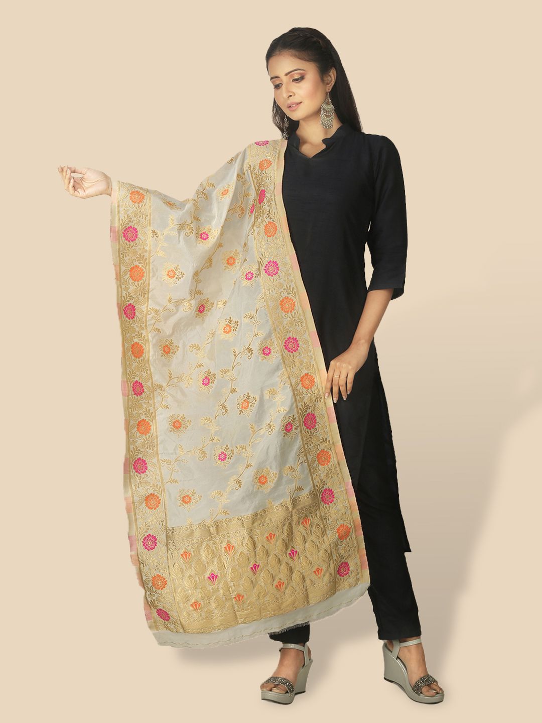 Sanwara Women White & Gold-Toned Woven Design Pure Silk Dupatta Price in India