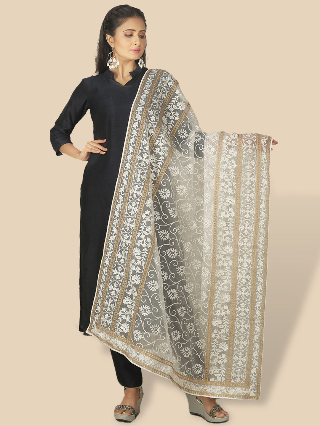 Sanwara Woman White & Gold-Toned Woven Design Organza Dupatta with Thread Work Price in India