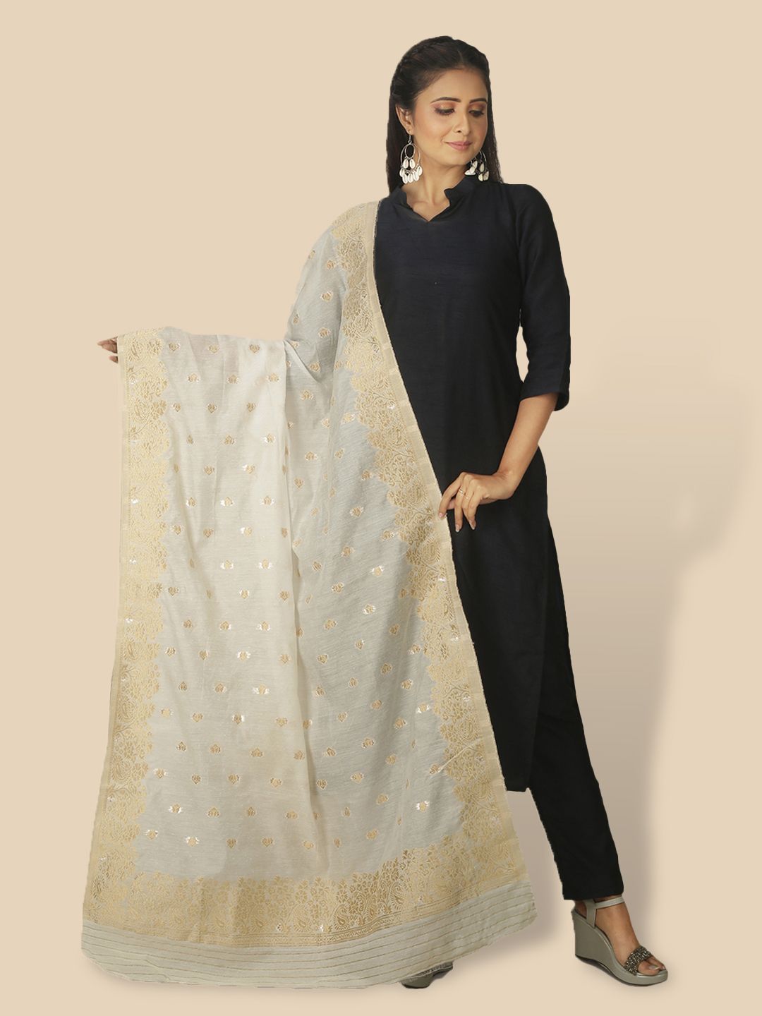 Sanwara White & Gold-Toned Ethnic Motifs Woven Design Pure Silk Dupatta with Zari Price in India