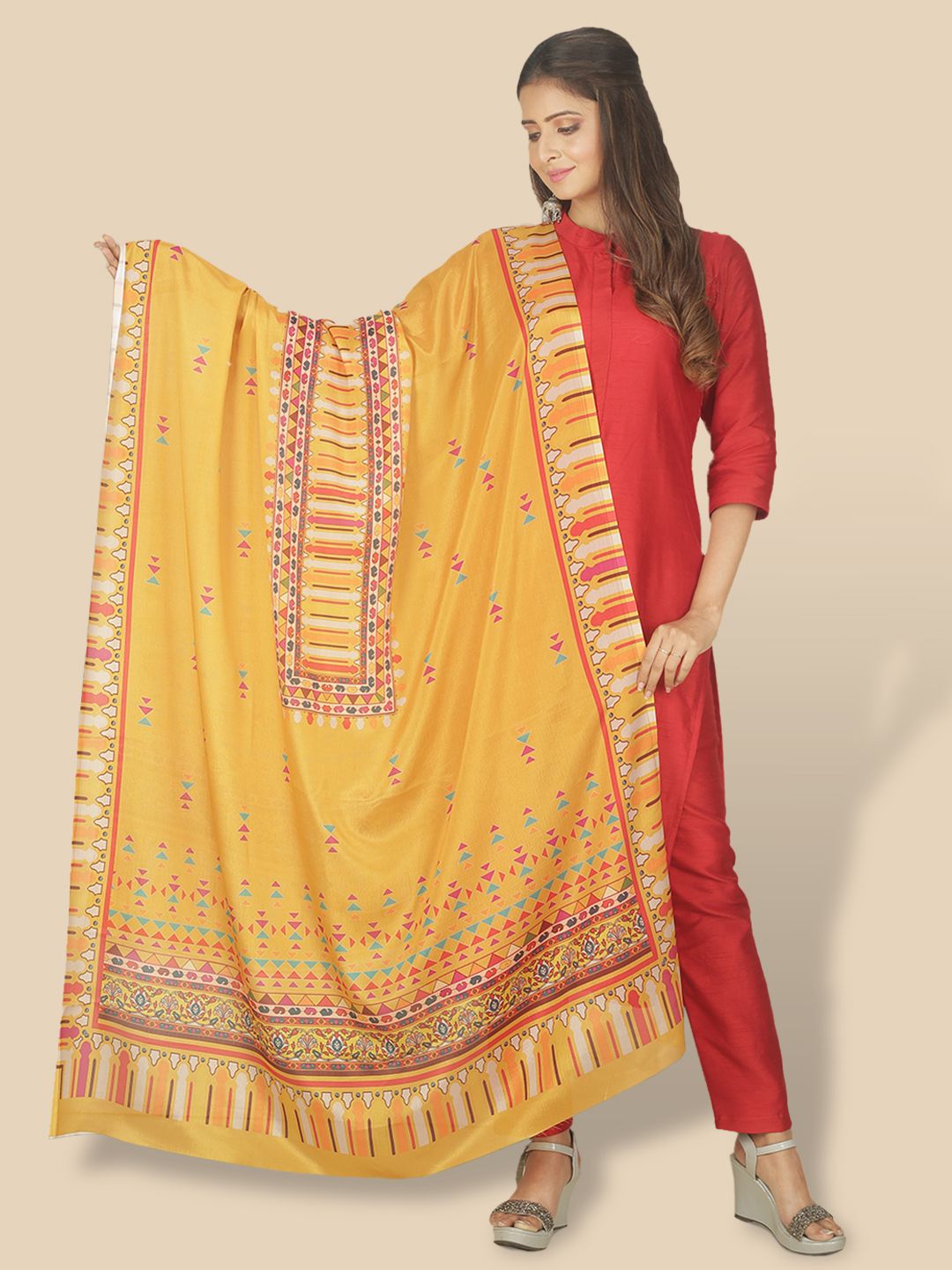 Sanwara Yellow & Red Printed Pure Silk Dupatta Price in India