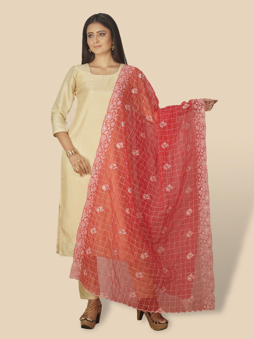 Sanwara Women Red & Cream Woven Design Dupatta Price in India