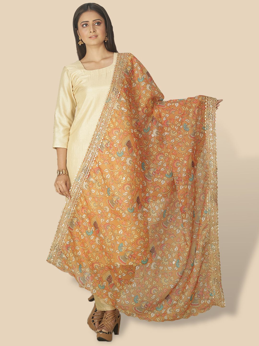 Sanwara Women Brown Organza Dupatta With Embellishments And Sequins Work Border Price in India
