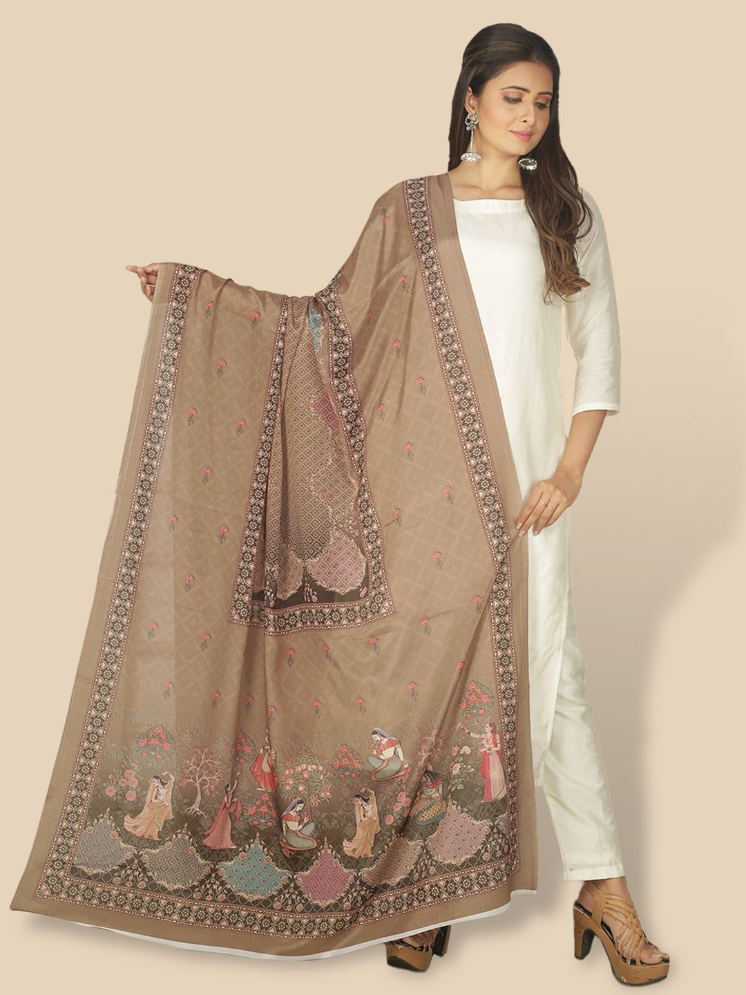Sanwara Woman Brown & Red Printed Pure Silk Dupatta Price in India