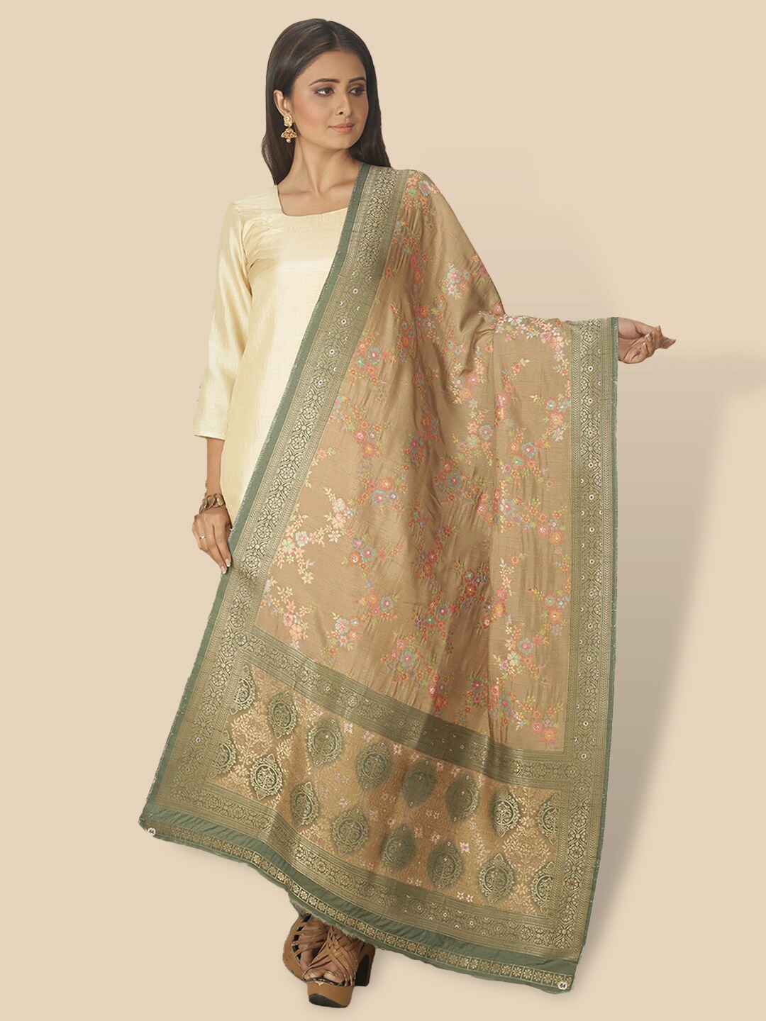 Sanwara Green & Pink Woven Design Pure Silk Dupatta with Zari Price in India
