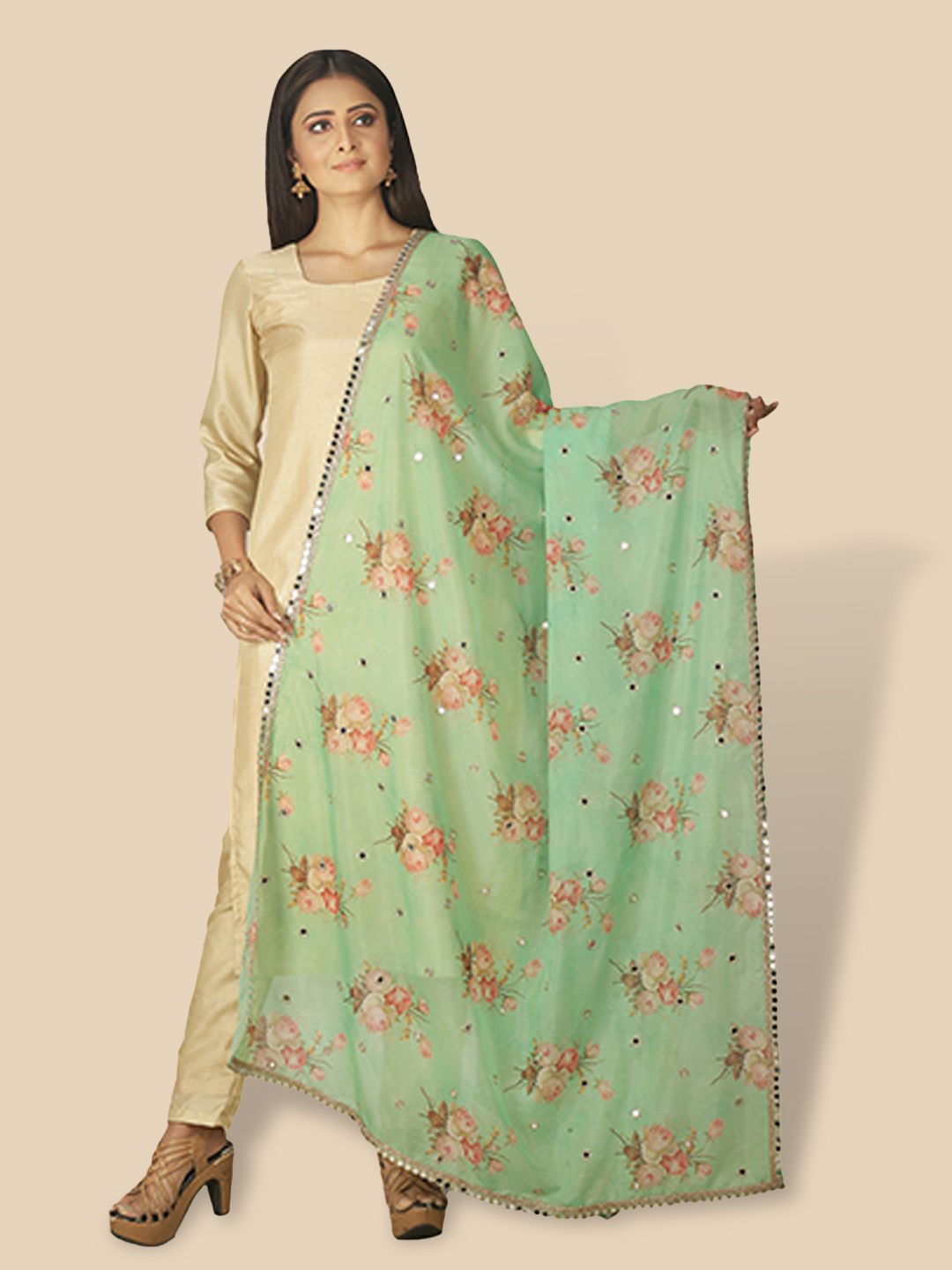 Sanwara Green & Pink Printed Organza Dupatta with Mirror Work Price in India