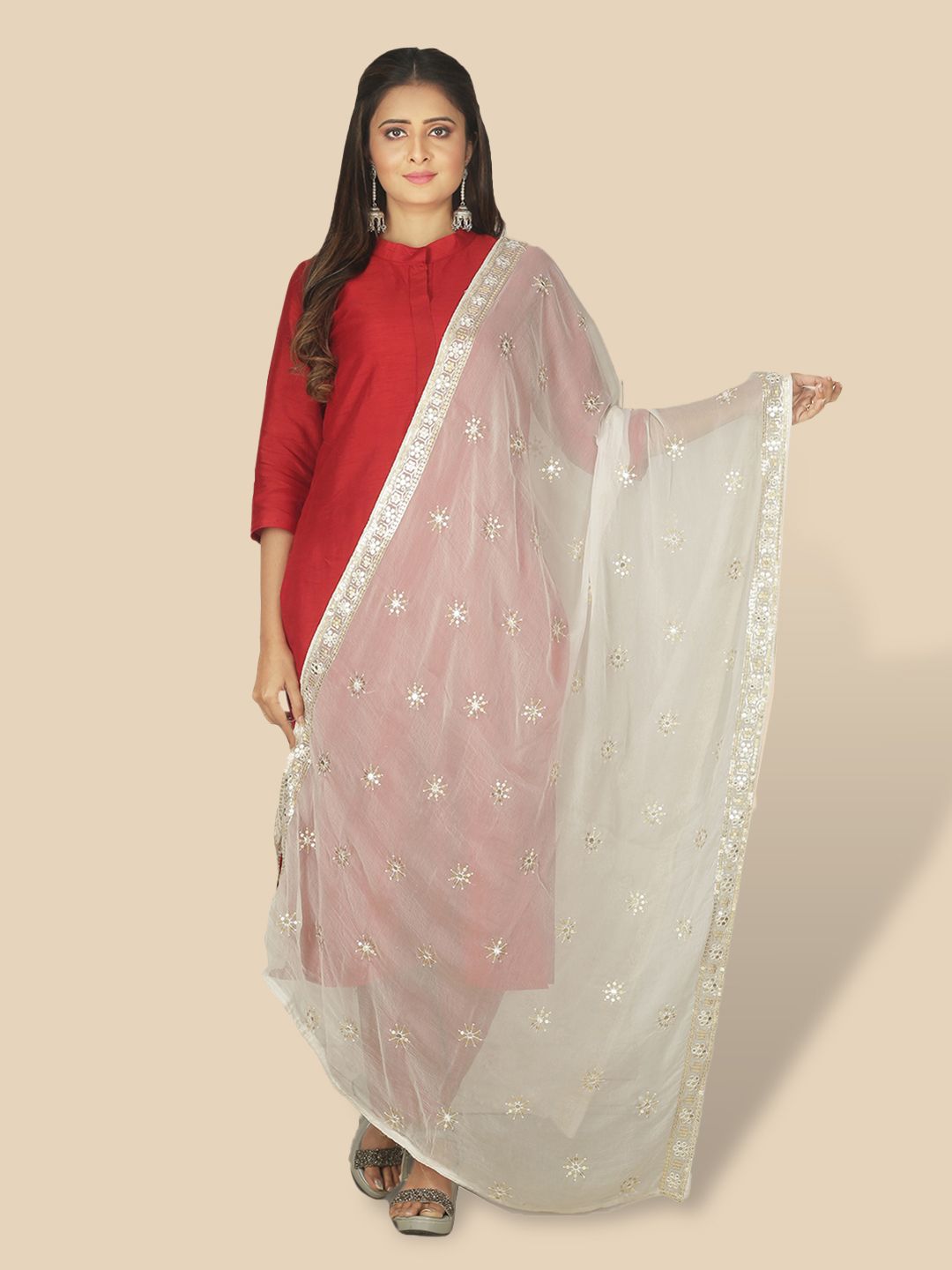 Sanwara Woman White & Gold-Toned Ethnic Motifs Embroidered Dupatta with Zari Price in India