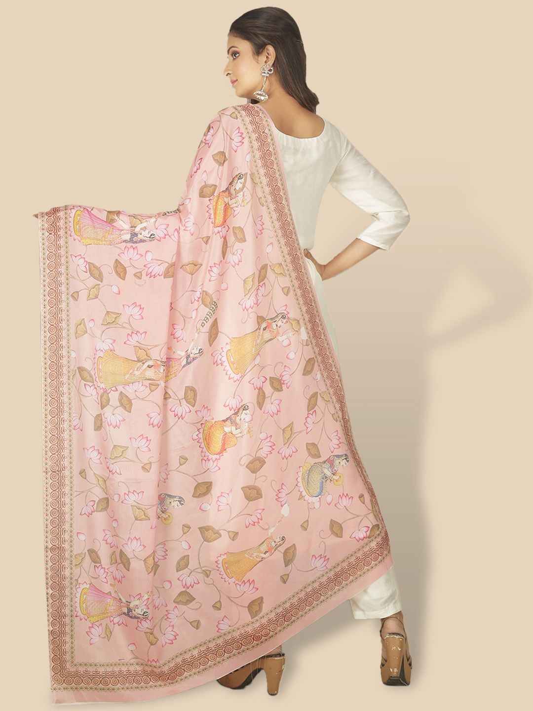 Sanwara Pink & Brown Printed Pure Silk Dupatta Price in India