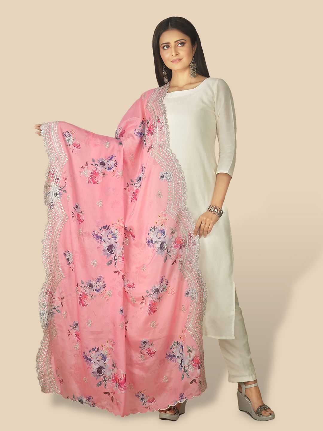 Sanwara Women Pink Floral Embroidered Dupatta Price in India