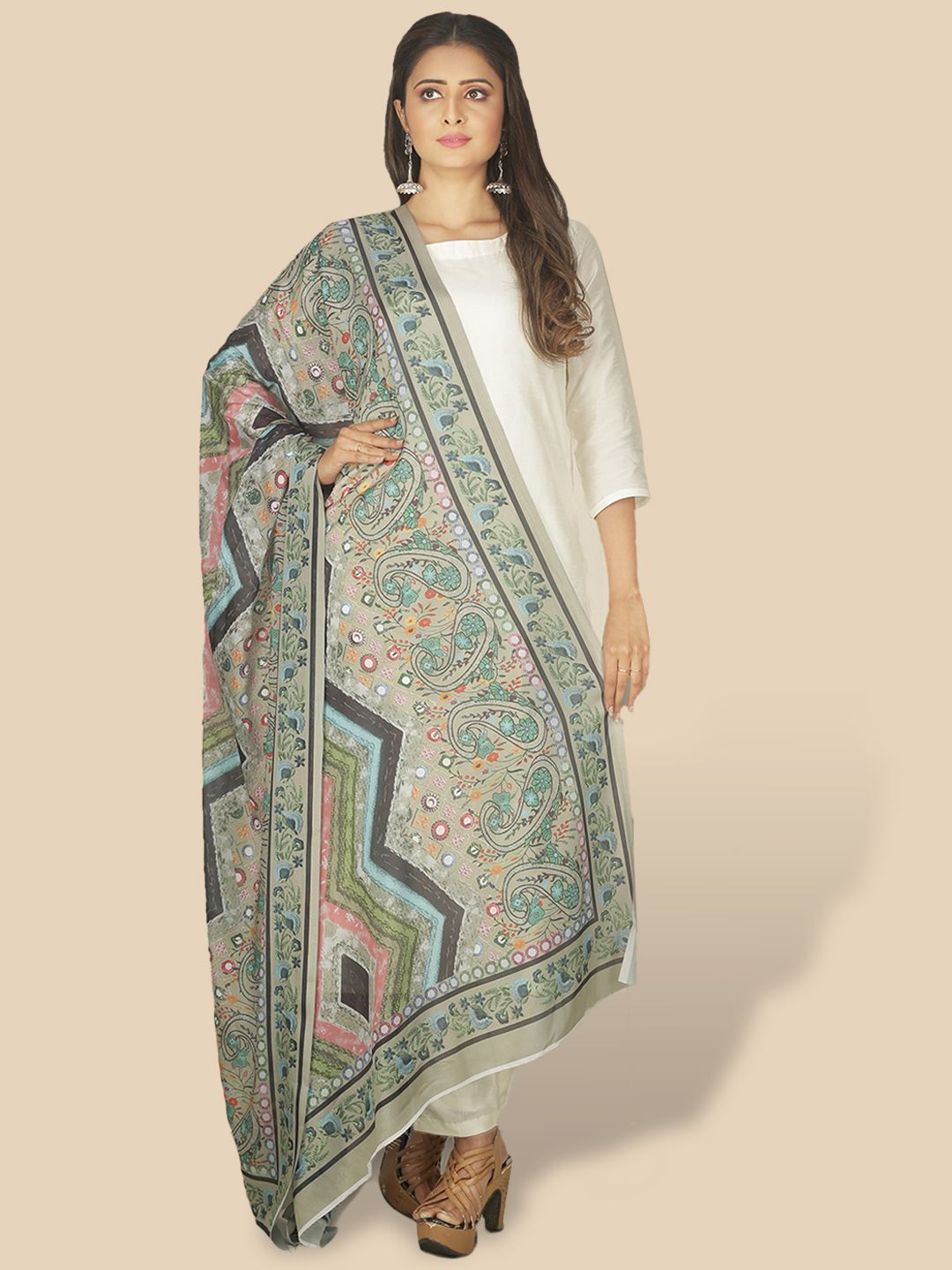 Sanwara Women Green Ethnic Motifs Printed Tusser Silk Dupatta Price in India