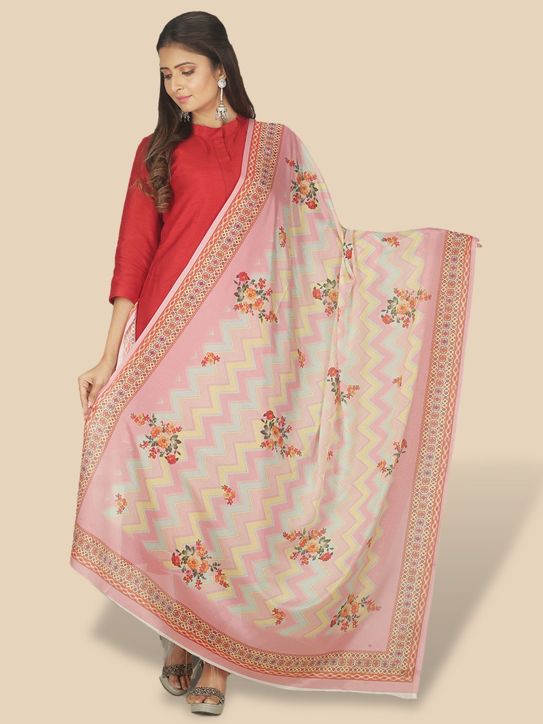 Sanwara Pink & Green Printed Pure Silk Dupatta Price in India