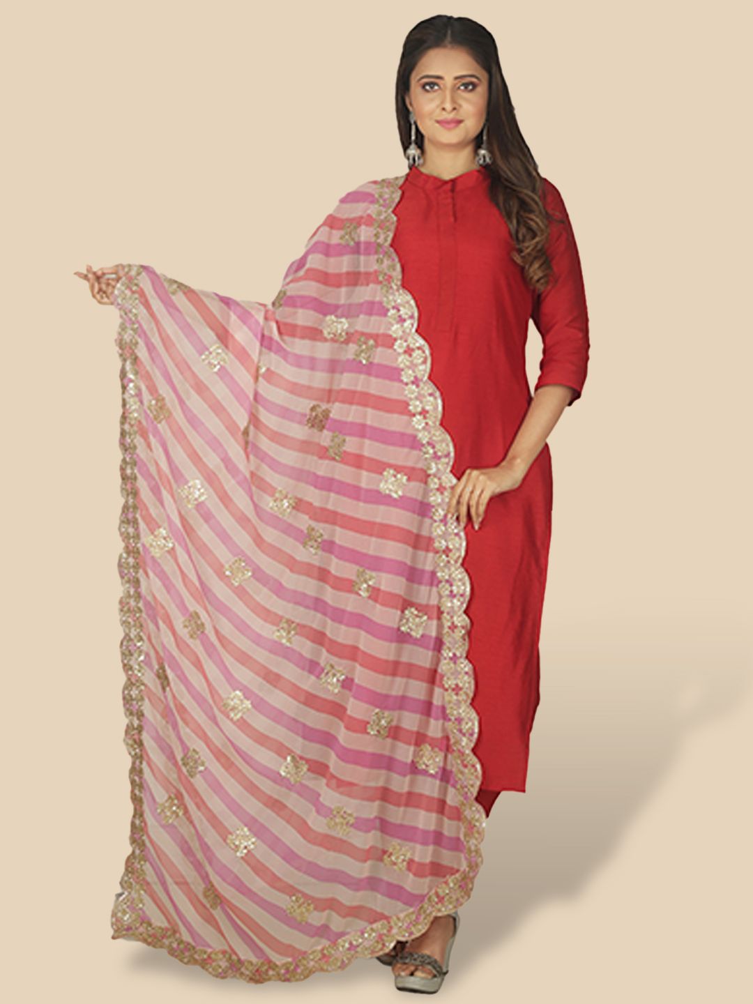 Sanwara Pink & Red Embroidered Dupatta with Zari Price in India