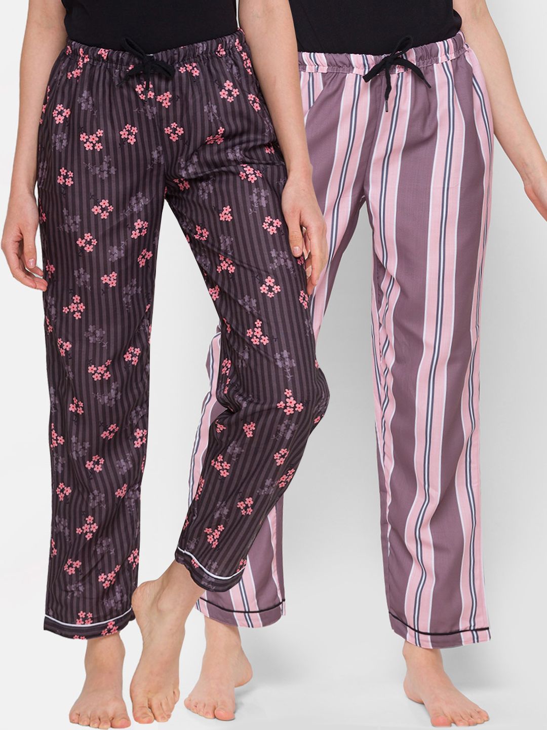 FashionRack Women Pack Of 2 Brown & Pink Printed Regular Fit Cotton Lounge Pants Price in India