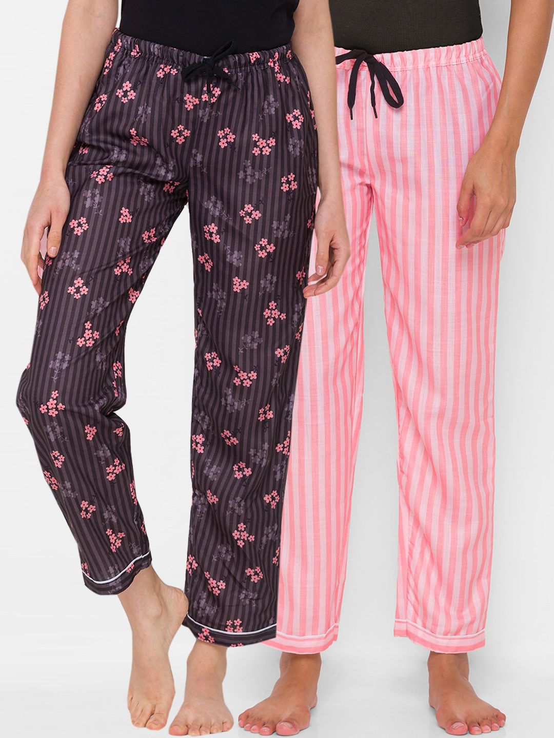 FashionRack Women Brown & Pink Set Of 2 Printed Cotton Lounge Pants Price in India