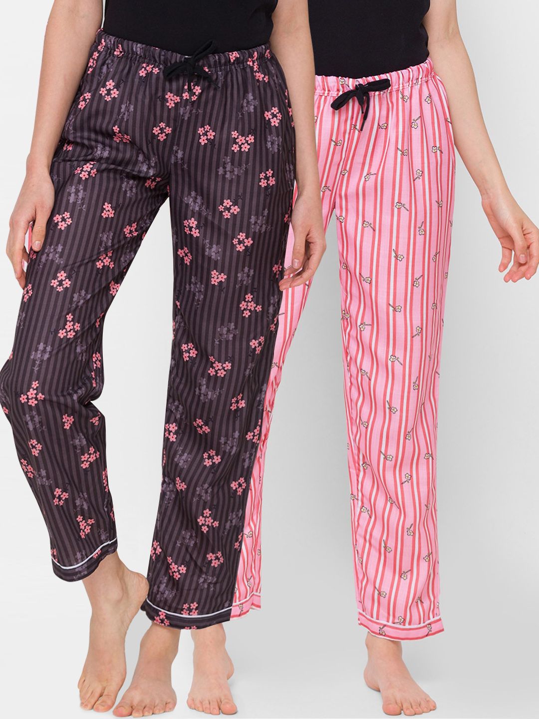 FashionRack Women Pack Of 2 Brown & Pink Printed Regular Fit Cotton Lounge Pants Price in India