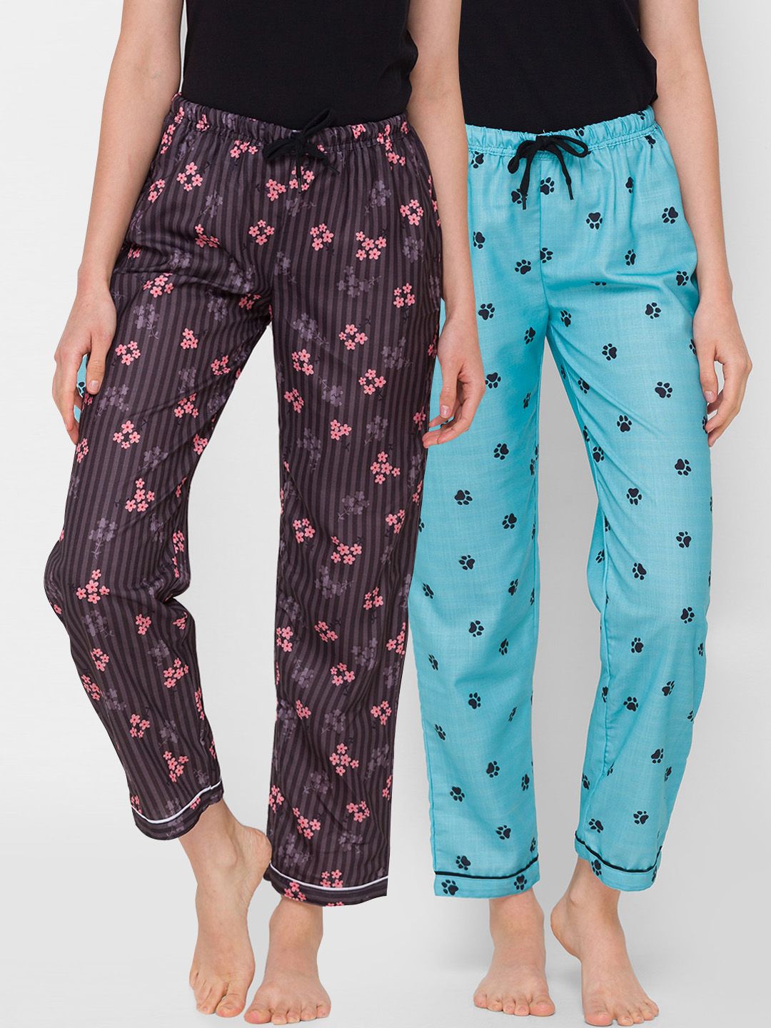 FashionRack Women Pack of 2 Blue & Brown Printed Lounge Pants Price in India