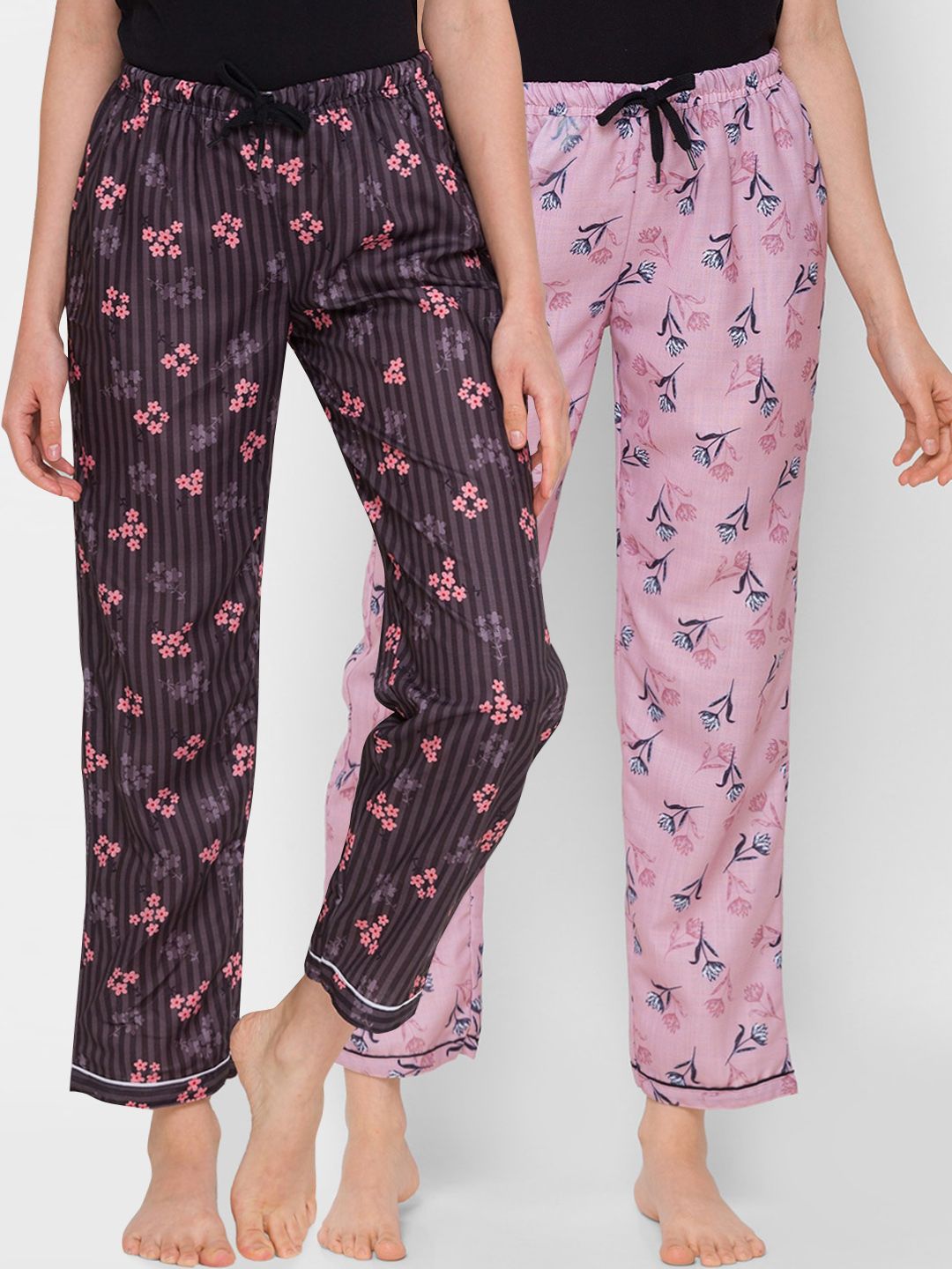 FashionRack Women Pack Of 2 Brown & Pink Printed Regular Fit Cotton Lounge Pants Price in India