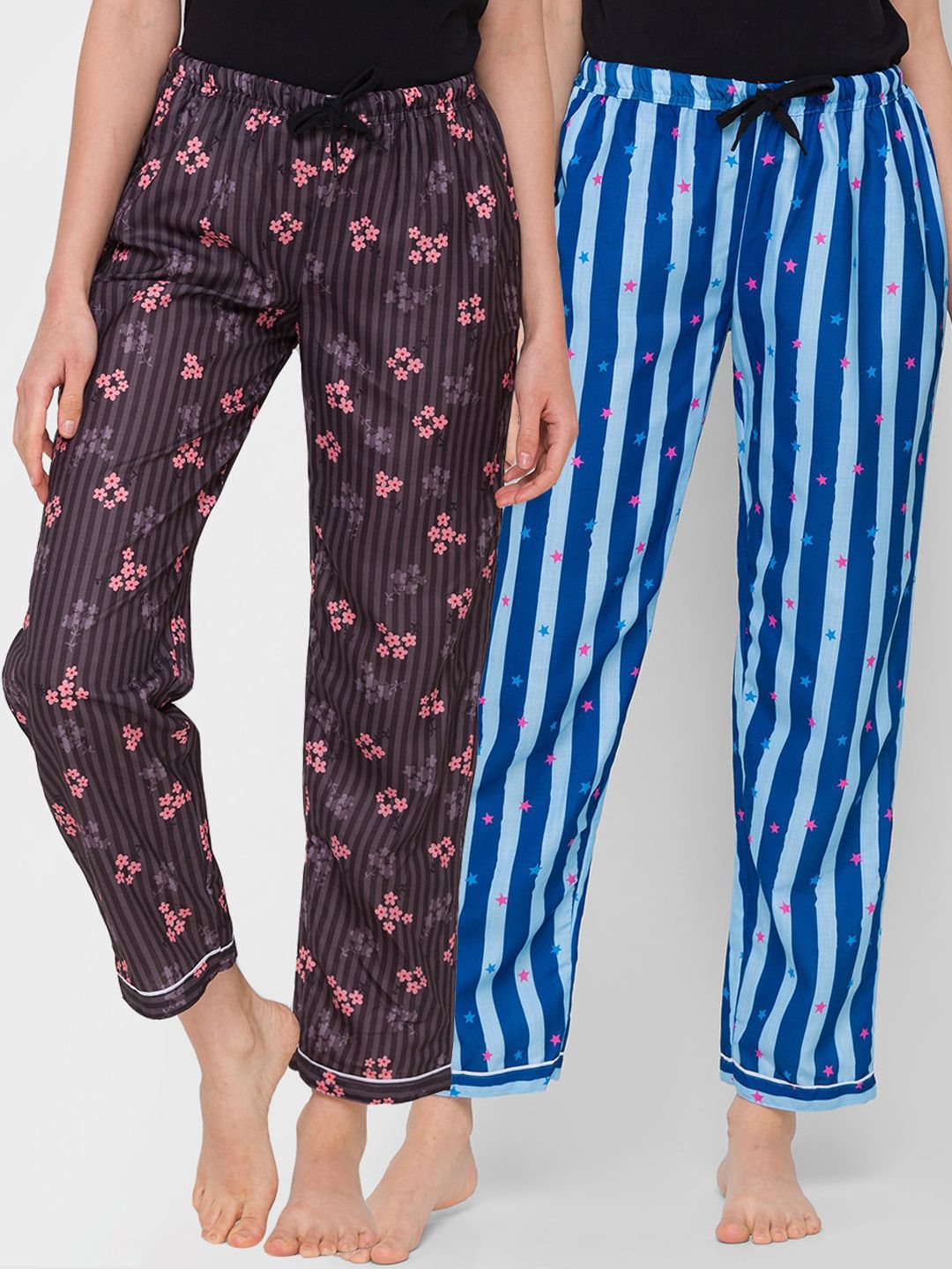 FashionRack Woman Pack of 2 Brown & Blue Printed Lounge Pants Price in India