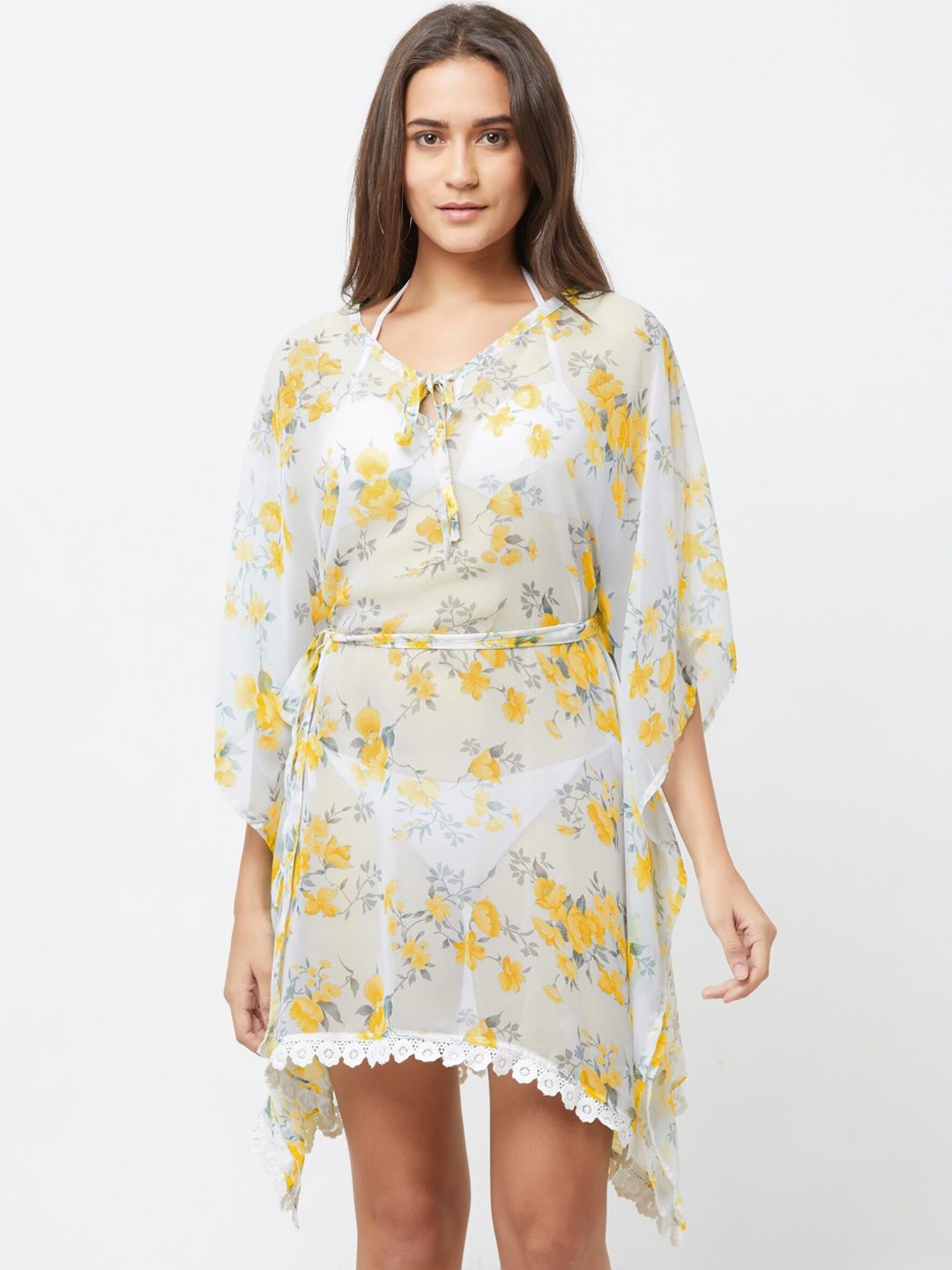 MIRCHI FASHION Women White & Yellow Floral Printed Kaftan Dress Price in India