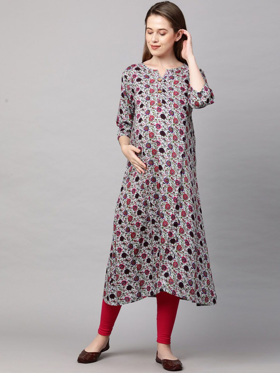 MomToBe Women Grey & Red Floral Printed Maternity Kurta Price in India