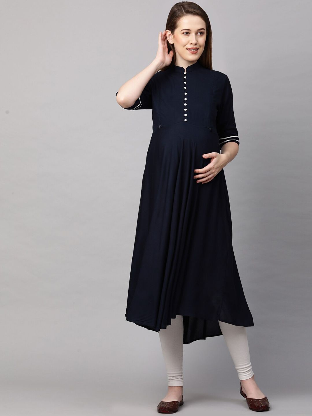 MomToBe Women Navy Blue Flared Maternity Kurta Price in India