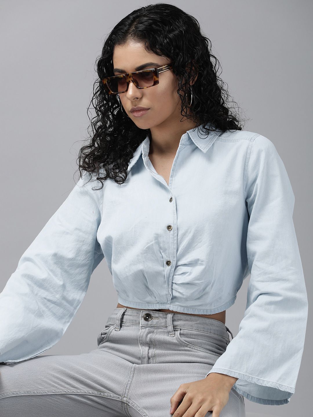 The Roadster Lifestyle Co. Pure Cotton Flared Sleeves Chambray Shirt Style Crop Top Price in India