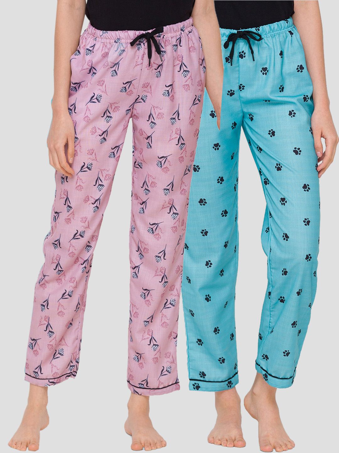 FashionRack Woman Pack of 2 Pink & Blue Printed Lounge Pants Price in India