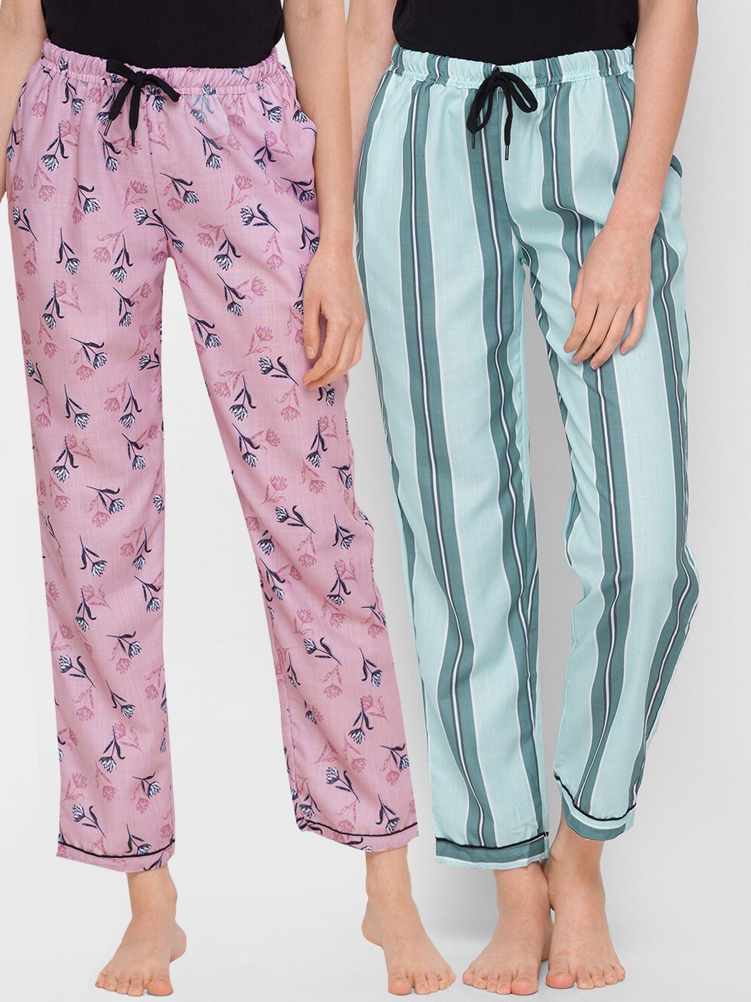 FashionRack Women Pink & Blue Pack of 2 Printed Cotton Lounge Pants Price in India