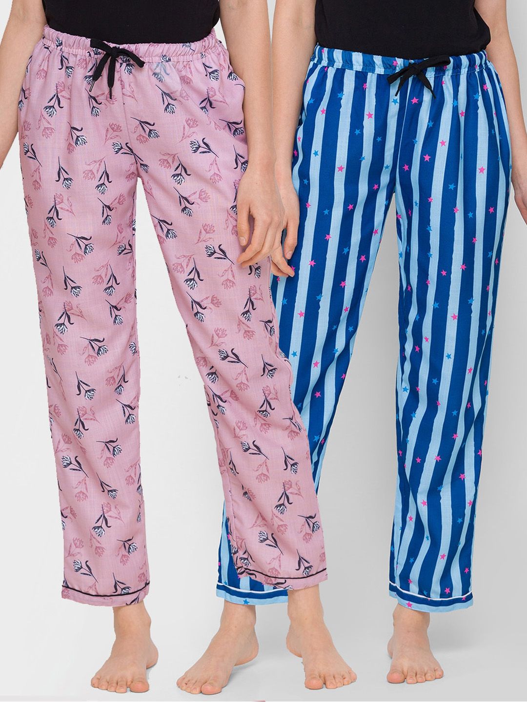 FashionRack Women Pack of 2 Pink & Blue Printed Lounge Pants Price in India