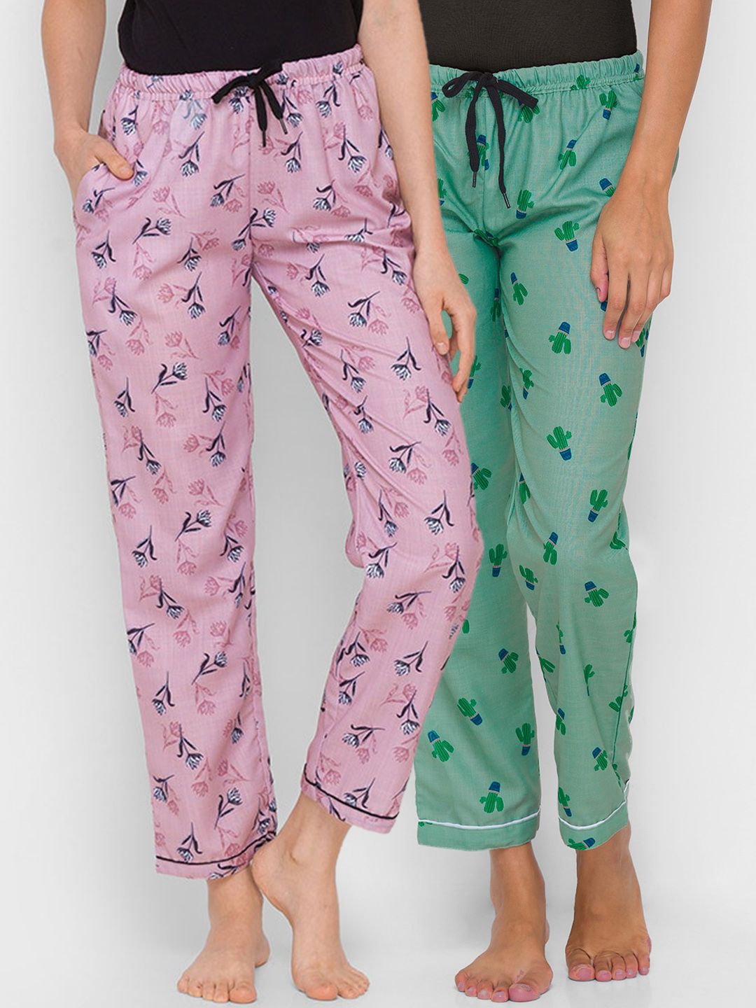 FashionRack Women Pack Of 2 Green & Pink Printed Regular Fit Cotton Lounge Pants Price in India