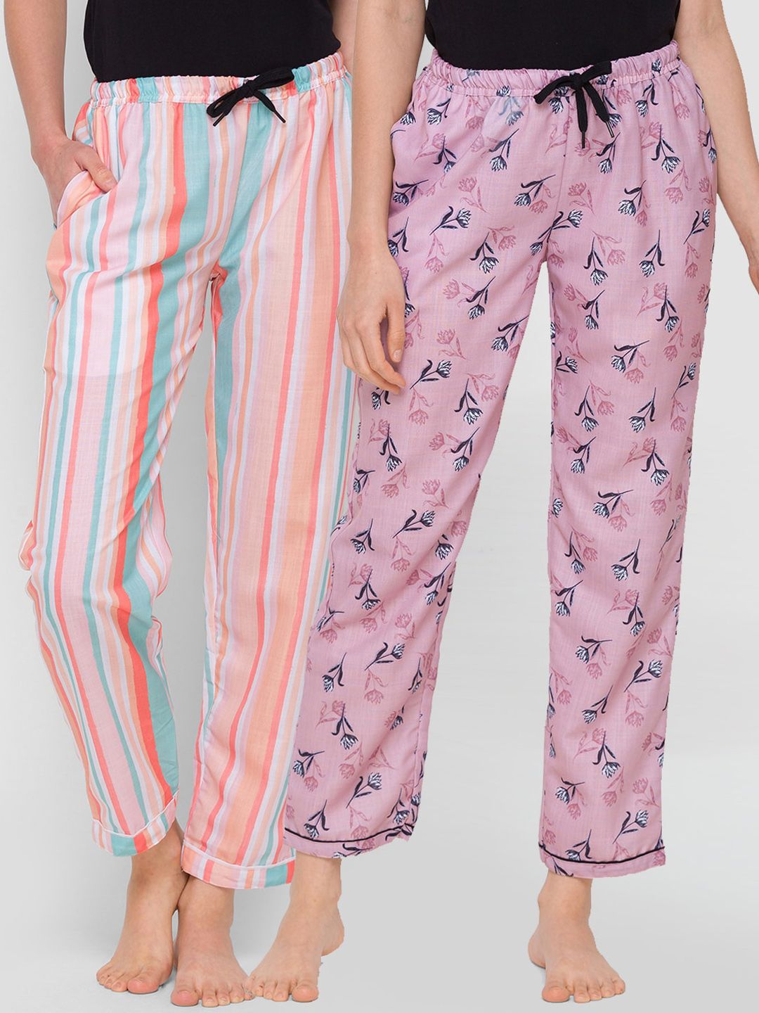 FashionRack Woman Pack of 2 Pink & Multicolour Striped Lounge Pants Price in India