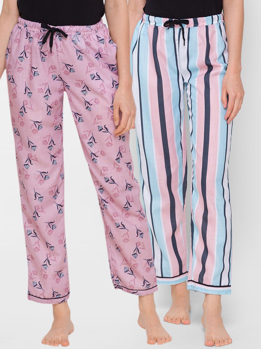 FashionRack Women Pack of 2 Pink & White Cotton Lounge Pants Price in India