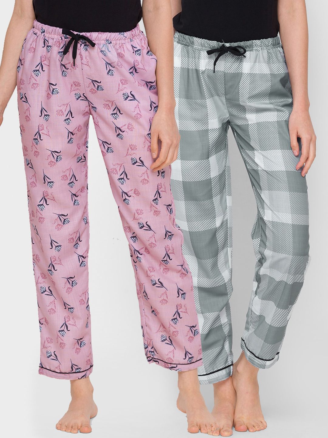 FashionRack Women Pink & Grey Pack of 2 Printed Cotton Lounge Pants Price in India