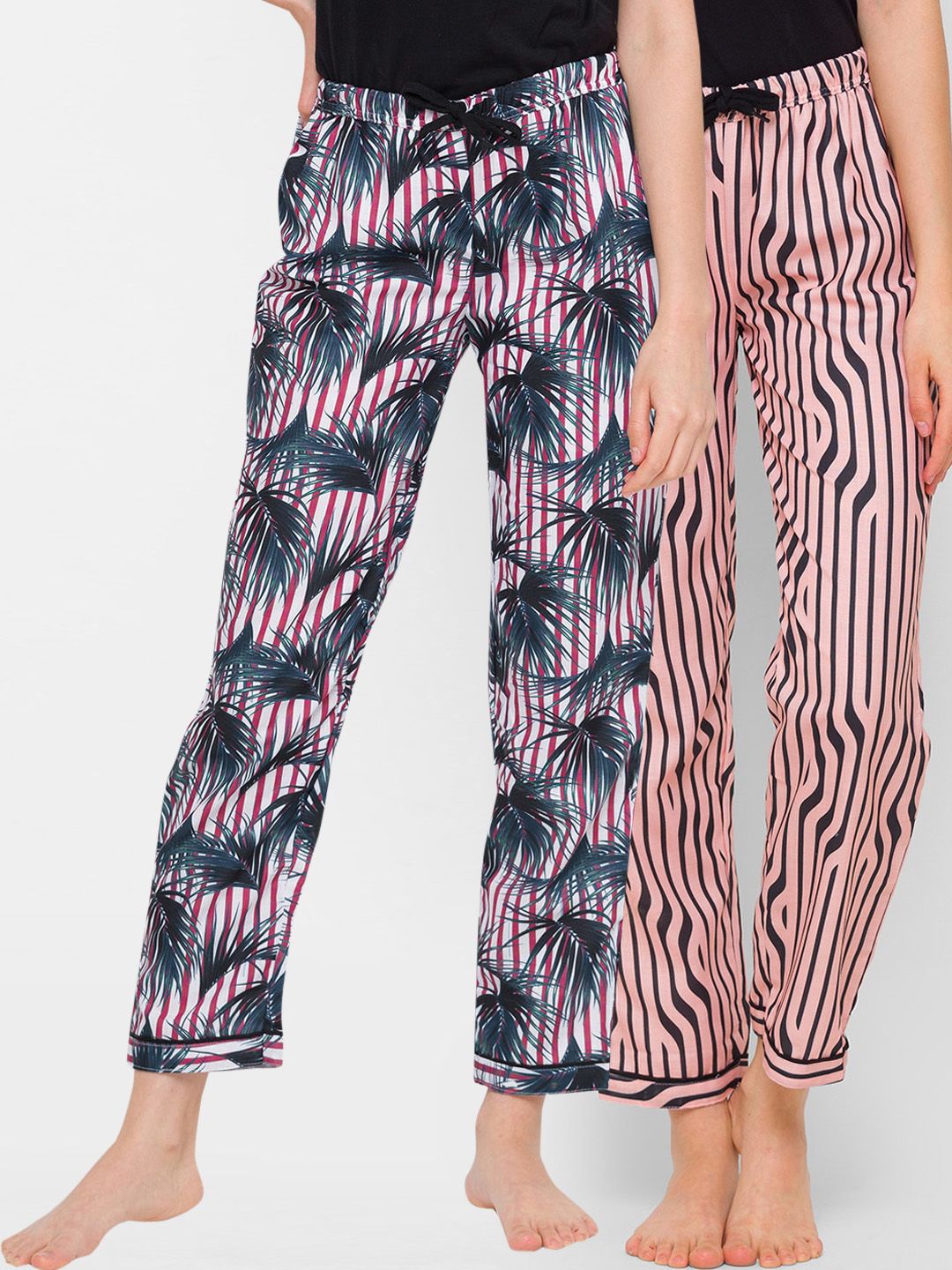 FashionRack Women Pack of 2 Pink & White Printed Cotton Lounge Pants Price in India