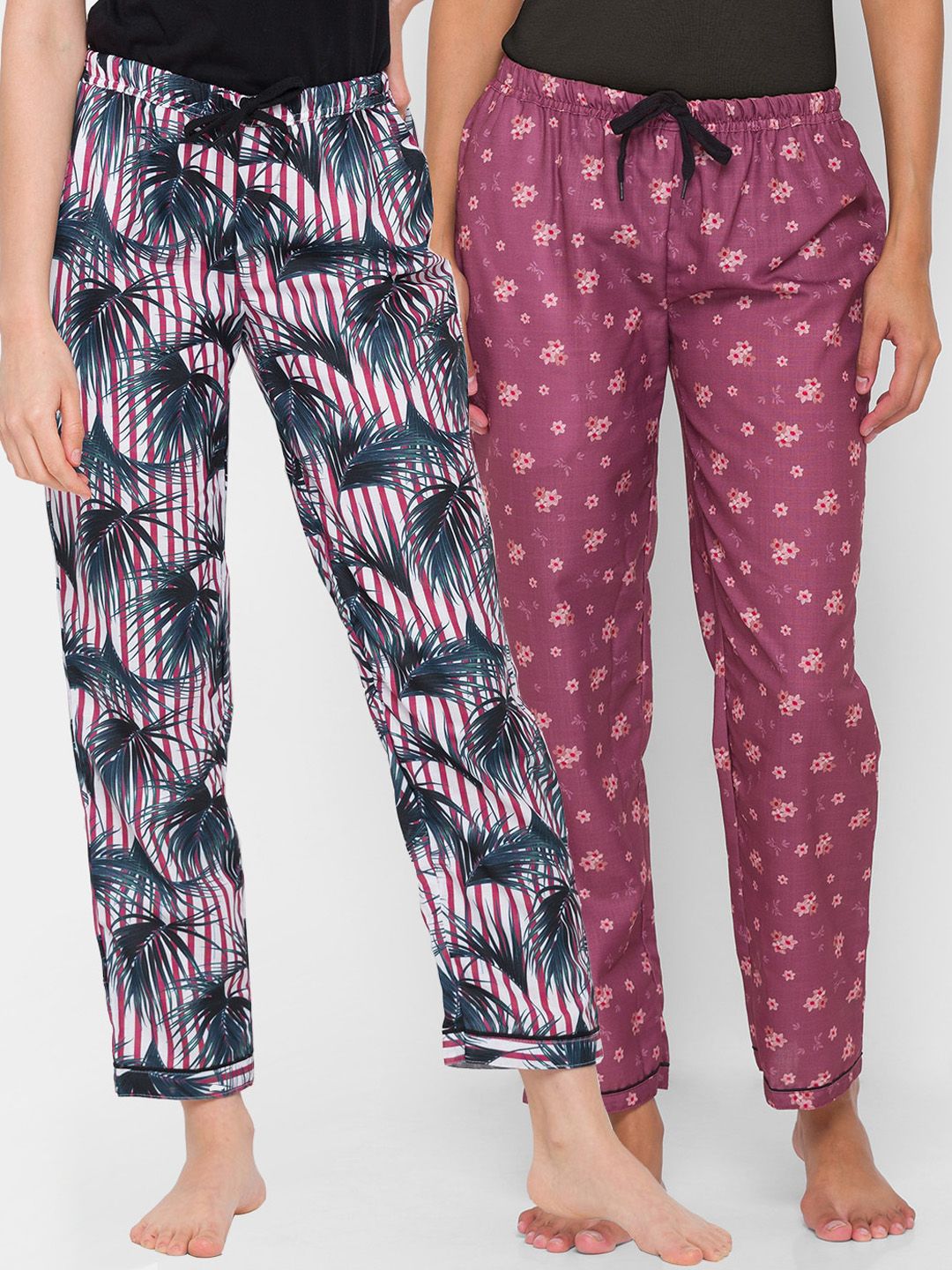 FashionRack Women Red & Purple Set Of 2 Printed Cotton Lounge Pants Price in India