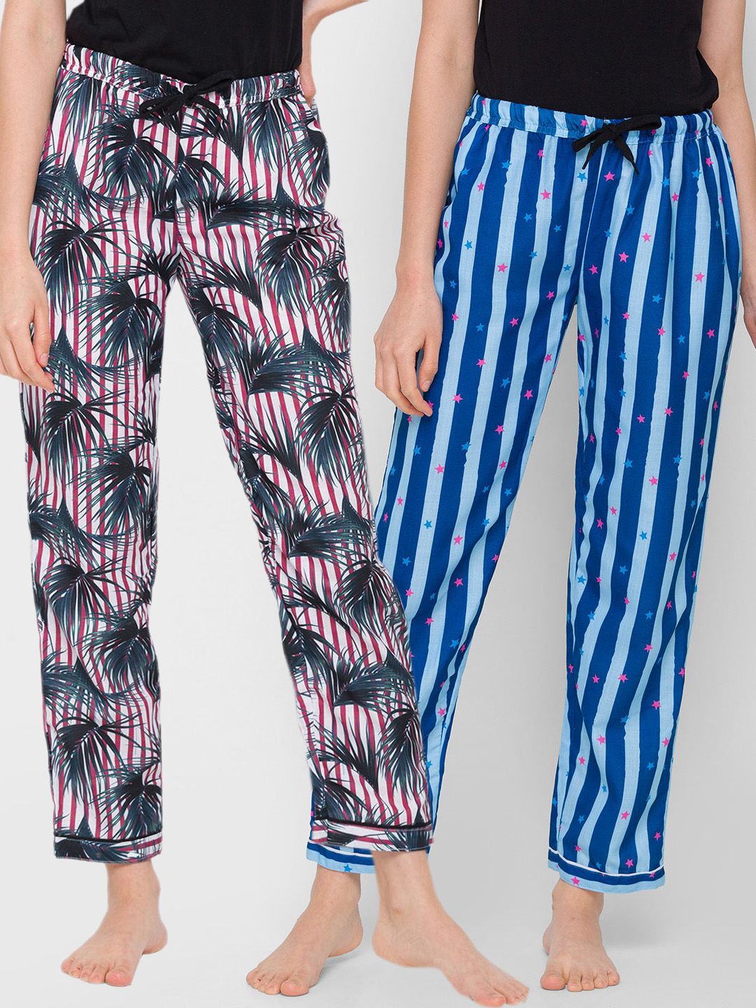 FashionRack Women Red & Blue Pack of 2 Printed Cotton Lounge Pants Price in India